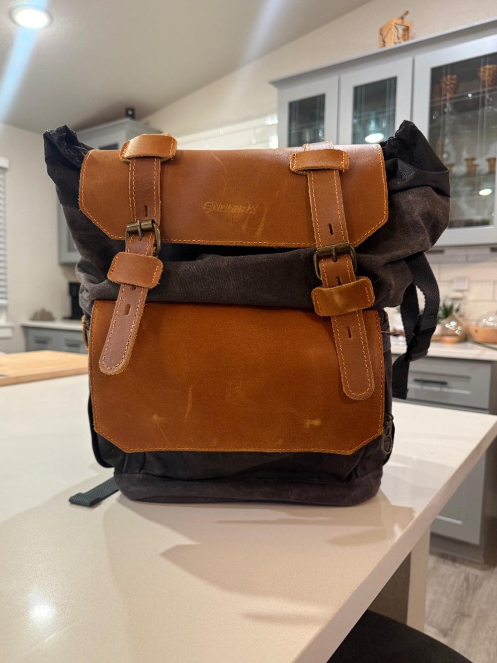 Endurax Waxed Canvas Camera Backpack Leather Trim Vintage Rucksack Black Brown